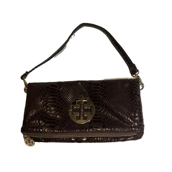Tory burch elegant brown snake skin fold-over crossbody/clutch/shhoulder bag - Picture 1 of 6